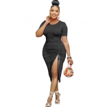 Black Women's Sexy Round Neck Pleated Irregular Split Short Sleeve Bandage Dress