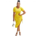 Yellow Women's Sexy Round Neck Pleated Irregular Split Short Sleeve Bandage Dress