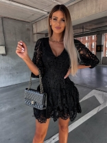 Black Women's V-Neck Lace Hollow-out Lantern Sleeve Skirt Mini Dress
