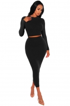 Black Women's Striped Crop Tops Bodycon Formal Pleated Half Skirt Midi Dress