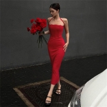 Red Off Shoulder Sleeveless Halter Bodycon Senior Party Midi Dress