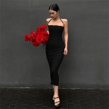 Black Off Shoulder Sleeveless Halter Bodycon Senior Party Midi Dress