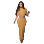 Khaki Women's Sexy Knitted Perspective Nightclub Set Low Waist Bodycon Midi Dress