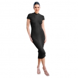 Black Women's Short Sleeve Mesh Knitted Sexy Club Bodycon Long Dress