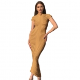 Khaki Women's Short Sleeve Mesh Knitted Sexy Club Bodycon Long Dress