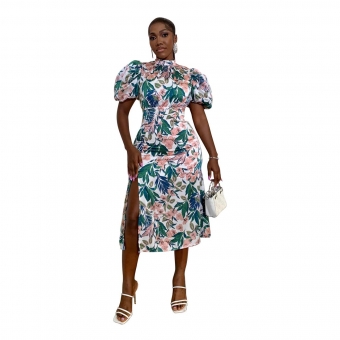 Pink Fashion Women's Printed Short Sleeve Split Midi Dress