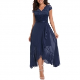 RoyalBlue Women's V-Neck Sleeveless Lace Mesh Maxi Skirt Evening Long Dress