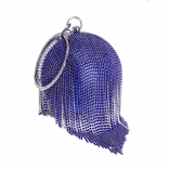 Blue Rhinestone Tassel Ball Dinner Metal Ring Handbag Fashion Banquet Bag