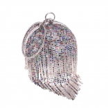 Silver Colored Rhinestone Tassel Ball Dinner Metal Ring Handbag Fashion Banquet Bag