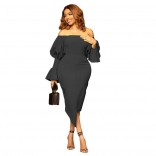 Black Women's Sexy Off Shoulder Lantern Sleeve Bevel Irregular Bodycon Midi Dress