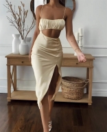 Khaki Halter Off-Shoulder Hollow-out Split Party Long Dress