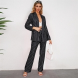 Black Women's Casual Stripe Small Suit Coat Prom Jumpsuit Straight Pants Two Piece Set