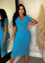 Blue Women's Short Sleeve Elastic Knitted Hollow Out Bodycon Midi Dress