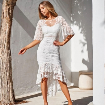 White Women's Flare Sleeves Lace Hollow Out Skirts Sexy Bodycon Prom Midi Dress