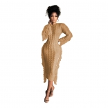 Khaki Long Sleeve Sweaters Fashion Women Tassels Bodycon Midi Dress