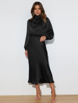 Black Women's Satin Long Sleeve Casual Elegant Prom Formal Evening Midi Dresses