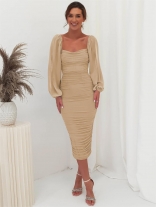 Beige Mesh Long Sleeve Low-Cut Sexy Pleated Bodycon Midi Prom Dress