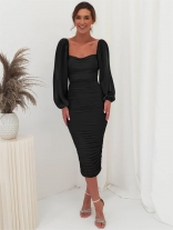 Black Mesh Long Sleeve Low-Cut Sexy Pleated Bodycon Midi Prom Dress