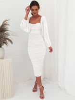 White Mesh Long Sleeve Low-Cut Sexy Pleated Bodycon Midi Prom Dress