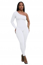 White One Sleeve Diagonal Shoulder Slim Fit Sexy Party Bodycon Jumpsuit Dress