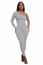 Grey One Sleeve Diagonal Shoulder Slim Fit Sexy Party Bodycon Jumpsuit Dress