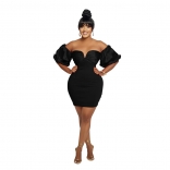 Black Women's Bubble Sleeve Pleated Backless Short Dancing Mini Dress