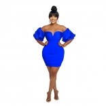 Blue Women's Bubble Sleeve Pleated Backless Short Dancing Mini Dress