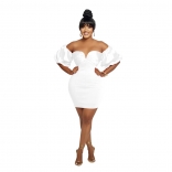 White Women's Bubble Sleeve Pleated Backless Short Dancing Mini Dress