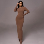 Khaki Women's Long Sleeve Mesh Side Bodycon Prom Party Midi Dress