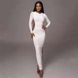 White Women's Long Sleeve Mesh Side Bodycon Prom Party Midi Dress