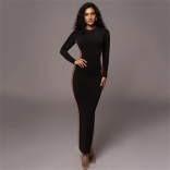 Black Women's Long Sleeve Mesh Side Bodycon Prom Party Midi Dress