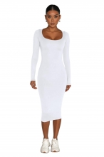 White Long Sleeve Suqare Neck Bodycon Women Prom Party Midi Dress