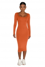 Orange Long Sleeve Suqare Neck Bodycon Women Prom Party Midi Dress