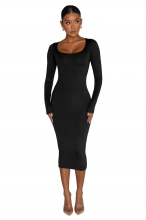 Black Long Sleeve Suqare Neck Bodycon Women Prom Party Midi Dress