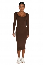 Brown Long Sleeve Suqare Neck Bodycon Women Prom Party Midi Dress