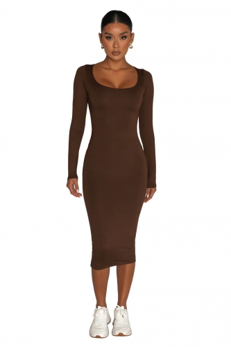 Brown Long Sleeve Suqare Neck Bodycon Women Prom Party Midi Dress