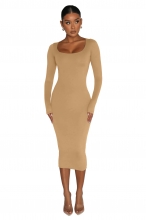 Khaki Long Sleeve Suqare Neck Bodycon Women Prom Party Midi Dress