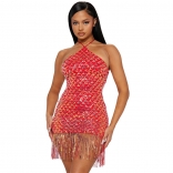 Red Women's Halter Sequins Tassels Dancing Party Mini Dress