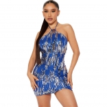 Blue Halter Neck Women's Sequins Bodycon Club Bodycon Mini Dress