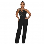 Black Women's Fashion Buttons Sexy Jumpsuit Slim Fit One Shoulder Wide Leg Pants Dresses