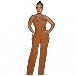 Khaki Women's Fashion Buttons Sexy Jumpsuit Slim Fit One Shoulder Wide Leg Pants Dresses