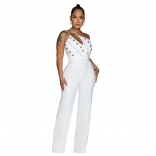 White Women's Fashion Buttons Sexy Jumpsuit Slim Fit One Shoulder Wide Leg Pants Dresses