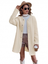Beige Women's Long Sleeve O-Neck Button Fashion Casual Coats
