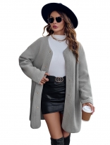 Grey Women's Long Sleeve O-Neck Button Fashion Casual Coats