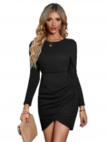 Black Women's Long Sleeve Casual Irregular Hem Pleated Prom Mini Dresses