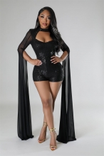 Black Women's Flying Sleeve Mesh Sequins Sexy Prom Perspective Elastic Jumpsuit Rompers