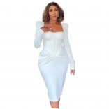 White Long Sleeve Boat-Neck Pleated Bodycon Prom Long Midi Dress