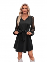 Black Women's Mesh Long Sleeve V-Neck Casual Loose Fit Formal Dresses