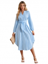 Blue Women's Striped Long Sleeve Casual V-Neck Shirts Fashion Long Dresses