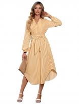 Yellow Women's Striped Long Sleeve Casual V-Neck Shirts Fashion Long Dresses